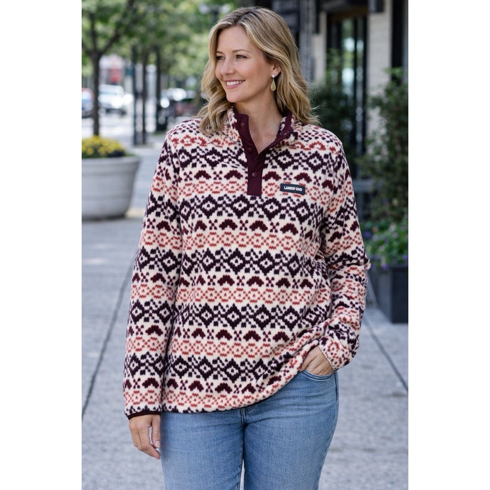 Lands End Sweater Womens Size‎ Large  SOFT Fleece Quarter Snap Pockets Pullover
